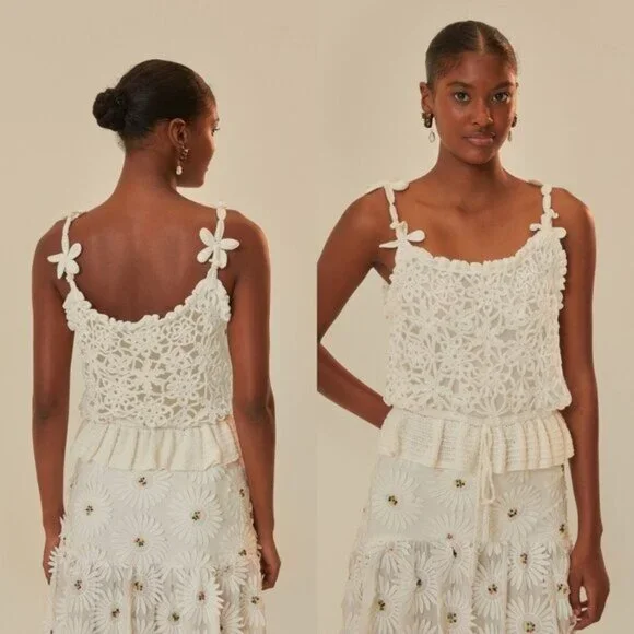 Farm Rio Crochet Peplum Top White Floral Handmade NWT Size XS - Picture 5 of 14